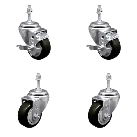 Service Caster 3 Inch SS Black Polyurethane Swivel 10mm Threaded Stem Caster Brakes, 2PK SSTS20S314-PPUB-BLK-TLB-M1015-2-S-2